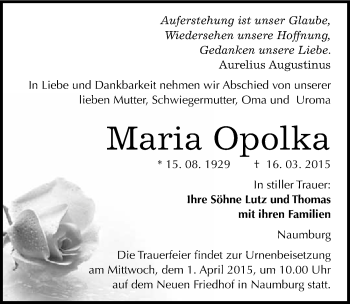 Traueranzeige von Maria Opolka von Mitteldeutsche Zeitung Naumburg/Nebra