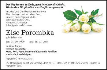 Traueranzeige von Else Porombka von Super Sonntag SGH Mansf. Land