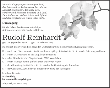 Traueranzeige von Rudolf Reinhardt von WVG - Wochenspiegel Merseburg