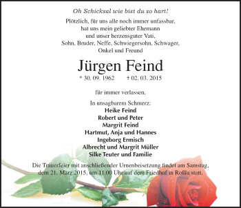 Traueranzeige von Jürgen Feind von Mitteldeutsche Zeitung Sangerhausen