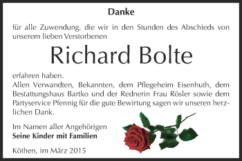 Traueranzeige von Richard Bolte von WVG - Wochenspiegel Dessau / Köthen