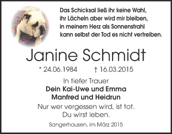 Traueranzeige von Janine Schmidt von Super Sonntag SGH Mansf. Land