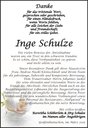 Traueranzeige von Inge Schulze von WVG - Wochenspiegel Wittenberg