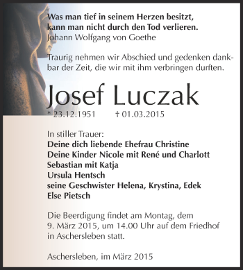 Traueranzeige von Josef Luczak von Super Sonntag Aschersleben