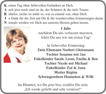 Traueranzeige von Karin Gleitsmann von WVG - Wochenspiegel NMB / WSF / ZTZ