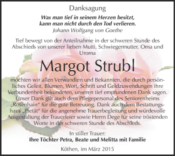 Traueranzeige von Margot Strubl von WVG - Wochenspiegel Dessau / Köthen