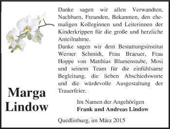 Traueranzeige von Marga Lindow von Mitteldeutsche Zeitung Quedlinburg