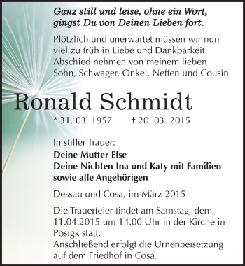 Traueranzeige von Ronald Schmidt von Mitteldeutsche Zeitung Köthen