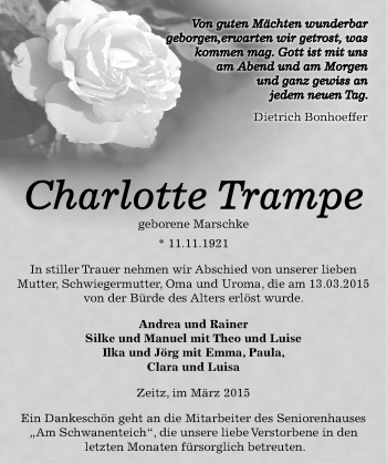 Traueranzeige von Charlotte Trampe von Mitteldeutsche Zeitung Zeitz