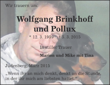 Traueranzeige von Wolfgang Brinkhoff von WVG - Wochenspiegel Dessau / Köthen