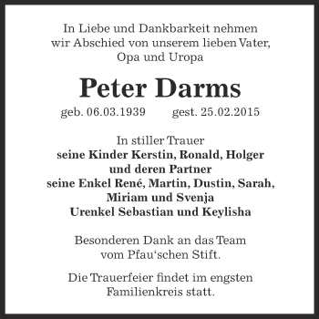 Traueranzeige von Peter Darms von Super Sonntag Bernburg