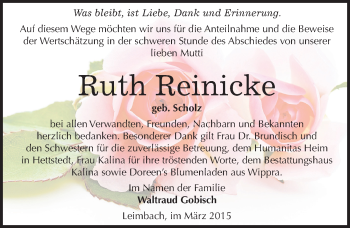 Traueranzeige von Ruth Reinicke von Mitteldeutsche Zeitung Mansfelder Land