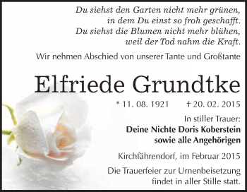 Traueranzeige von Elfriede Grundtke von WVG - Wochenspiegel Merseburg