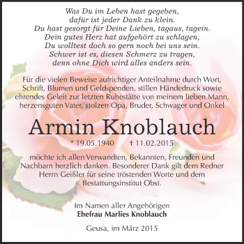 Traueranzeige von Armin Knoblauch von Super Sonntag Merseburg