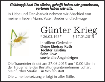 Traueranzeige von Günter Krieg von WVG - Wochenspiegel Bitterfeld