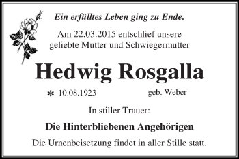 Traueranzeige von Hedwig Rosgalle von WVG - Wochenspiegel Dessau / Köthen