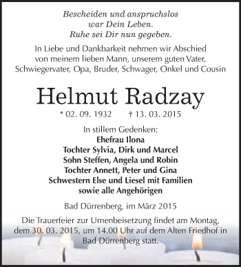 Traueranzeige von Helmut Radzay von WVG - Wochenspiegel Merseburg