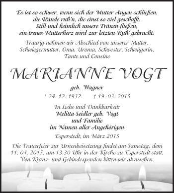 Traueranzeige von Marianne Vogt von WVG - Wochenspiegel Merseburg