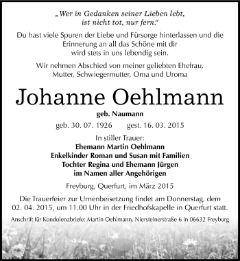 Traueranzeige von Johanne Oehlmann von Mitteldeutsche Zeitung Merseburg/Querfurt