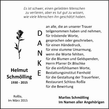 Traueranzeige von Helmut Schmölling von Mitteldeutsche Zeitung Sangerhausen