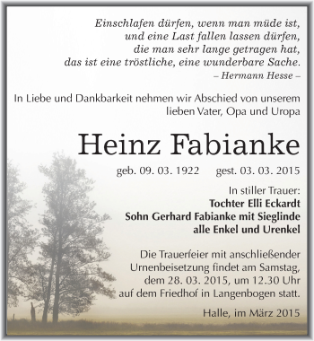 Traueranzeige von Heinz Fabianke von Mitteldeutsche Zeitung Halle/Saalkreis