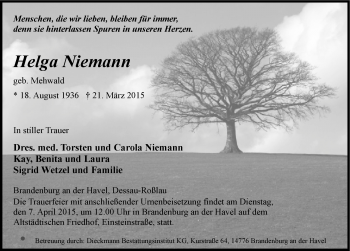 Traueranzeige von Helga Niemann von Mitteldeutsche Zeitung Dessau-Roßlau