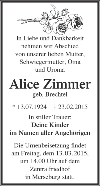 Traueranzeige von Alice Zimmer von WVG - Wochenspiegel Merseburg