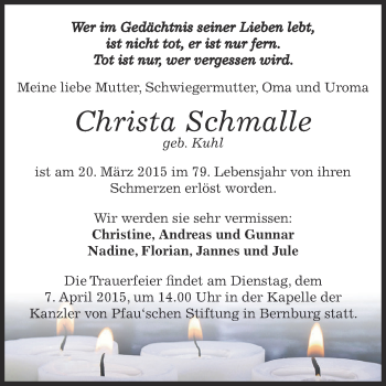 Traueranzeige von Christa Schmalle von Super Sonntag Bernburg