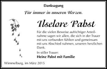 Traueranzeige von Ilselore Pabst von Mitteldeutsche Zeitung Mansfelder Land