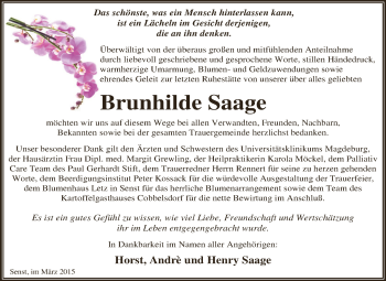 Traueranzeige von Brunhilde Saage von WVG - Wochenspiegel Dessau / Köthen