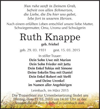 Traueranzeige von Ruth Knappe von Mitteldeutsche Zeitung