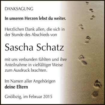 Traueranzeige von Sascha Schatz von Super Sonntag Bernburg