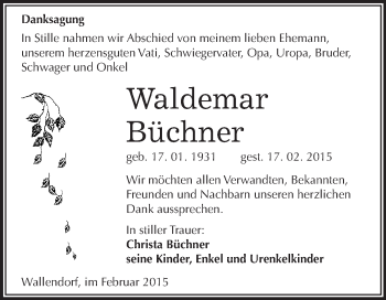 Traueranzeige von Waldemar Büchner von WVG - Wochenspiegel Merseburg