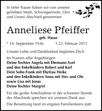 Traueranzeige von Anneliese Pfeiffer von Mitteldeutsche Zeitung Halle/Saalkreis