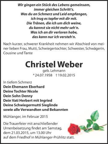 Traueranzeige von Christel Weber von WVG - Wochenspiegel Wittenberg