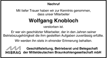 Traueranzeige von Wolfgang Knobloch von Mitteldeutsche Zeitung Zeitz