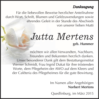 Traueranzeige von Jutta Mertens von WVG - Wochenspiegel Quedlinburg