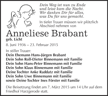 Traueranzeige von Anneliese Brabant von Super Sonntag Quedlinburg