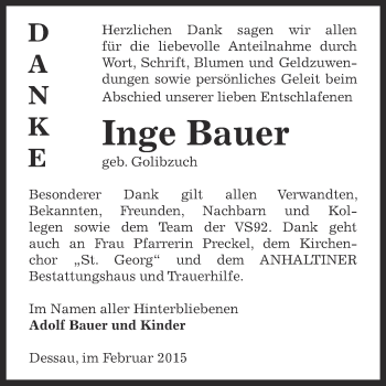 Traueranzeige von Inge Bauer von WVG - Wochenspiegel Dessau / Köthen
