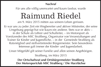 Traueranzeige von Raimund Riedel von Super Sonntag Quedlinburg