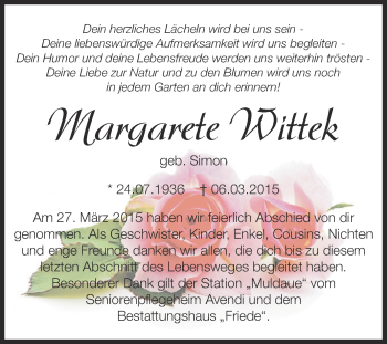 Traueranzeige von Margarete Wittek von WVG - Wochenspiegel Dessau / Köthen