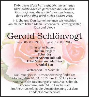 Traueranzeige von Gerold Schlönvogt von Mitteldeutsche Zeitung Naumburg/Nebra