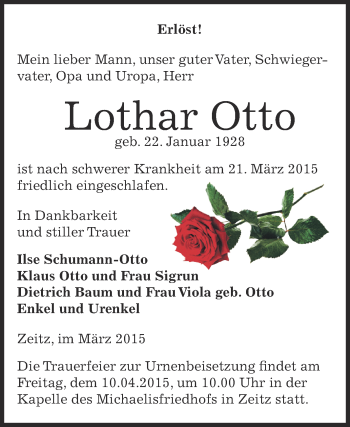 Traueranzeige von Lothar Otto von Super Sonntag Zeitz
