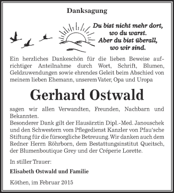 Traueranzeige von Gerhard Ostwald von WVG - Wochenspiegel Dessau / Köthen