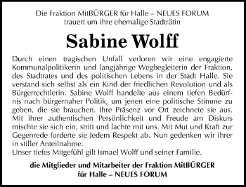 Traueranzeige von Sabine Wolff von Mitteldeutsche Zeitung Halle/Saalkreis