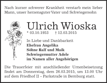 Traueranzeige von Ulrich Wioska von Super Sonntag Bernburg