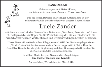 Traueranzeige von Lucie Zander von Super Sonntag Aschersleben