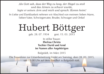 Traueranzeige von Hubert Böttger von Mitteldeutsche Zeitung Naumburg/Nebra