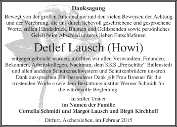 Traueranzeige von Detlef Lausch von WVG - Wochenspiegel Quedlinburg