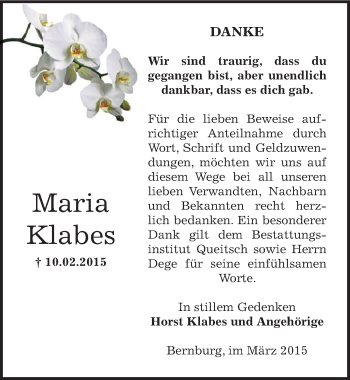 Traueranzeige von Maria Klabes von Mitteldeutsche Zeitung Bernburg